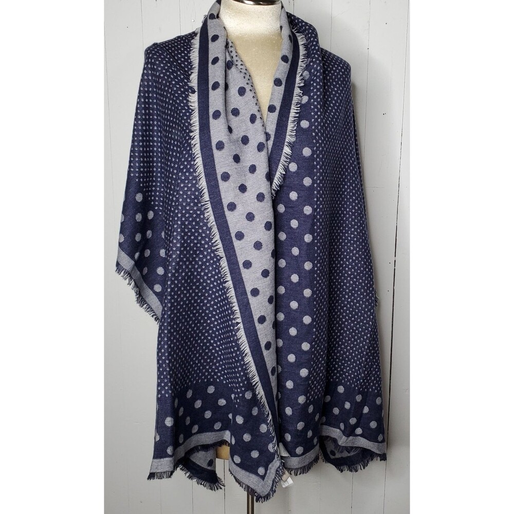 Loft Shawl Wrap Blue Ivory Dots Reversible Self Fringe 74x25" Cotton Rayon Blend